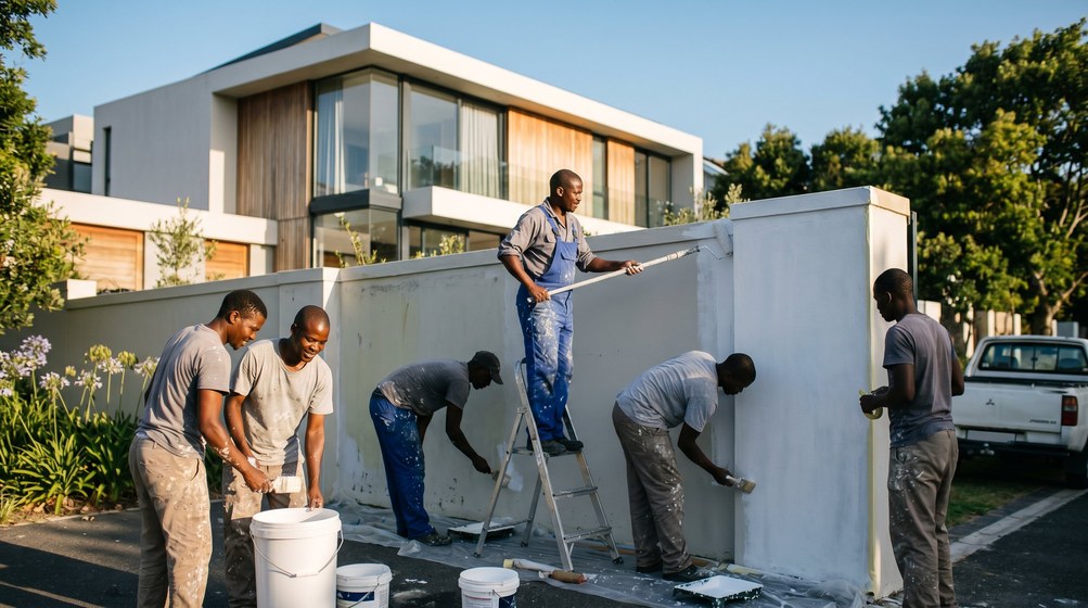 Professional team painting a boundary wall at a modern home in Wellington