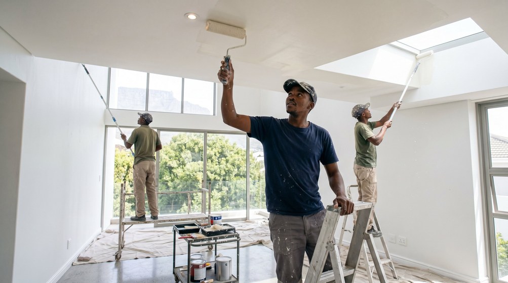 Professional ceiling painters rolling white paint onto a high ceiling in Wellington