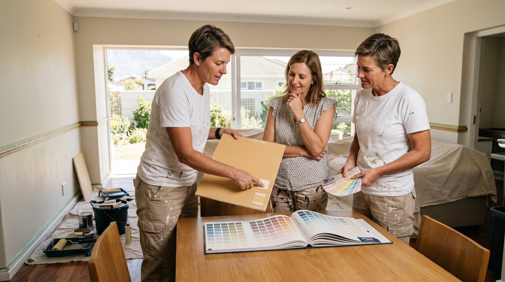 Professional colour consultant showing paint swatches to a homeowner in Wellington