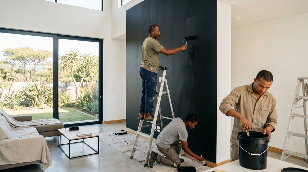 Professional painters creating a bold black feature wall in a modern Wellington home
