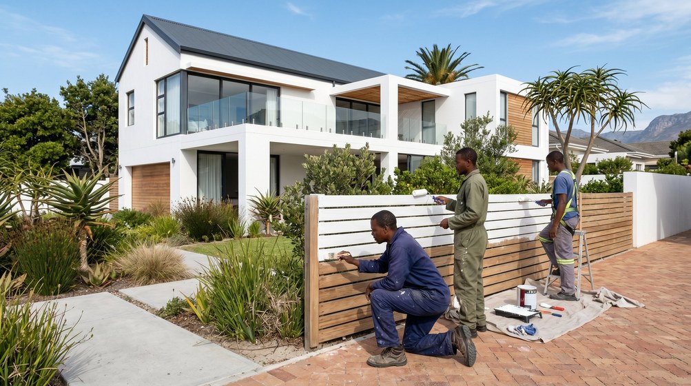 Professional fence painters painting a wooden fence at a coastal home in Wellington