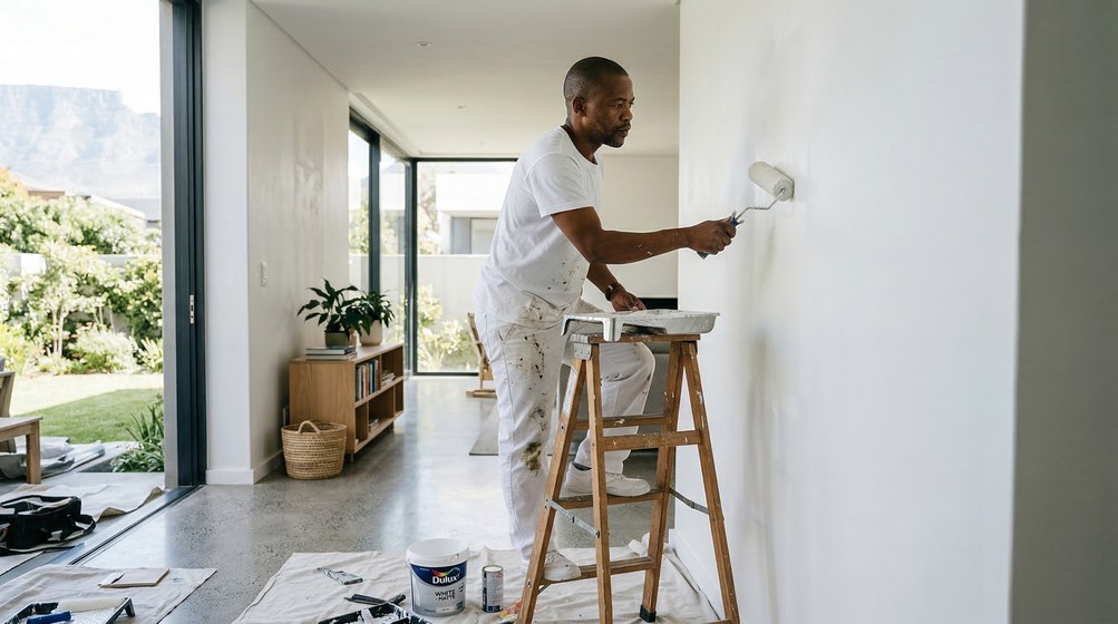 Professional interior painter in Wellington painting walls with a roller