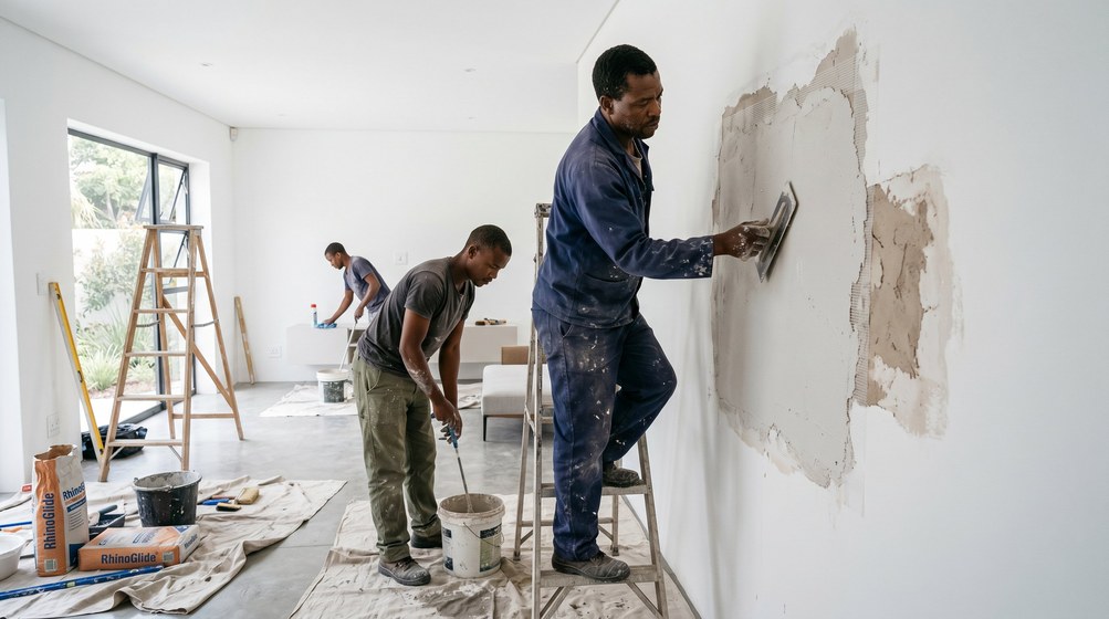 Professional plaster repair team skim coating damaged walls in Wellington