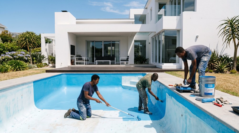 Professional pool painters applying blue pool paint to a swimming pool in Wellington
