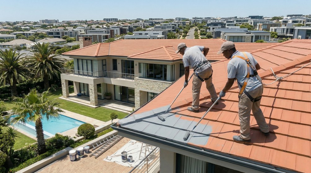 Professional roof painters applying waterproof coating to tiled roof in Wellington