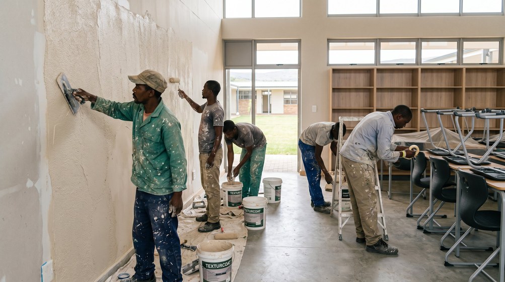 Professional texture coating team applying Texturcoat to interior walls in Wellington