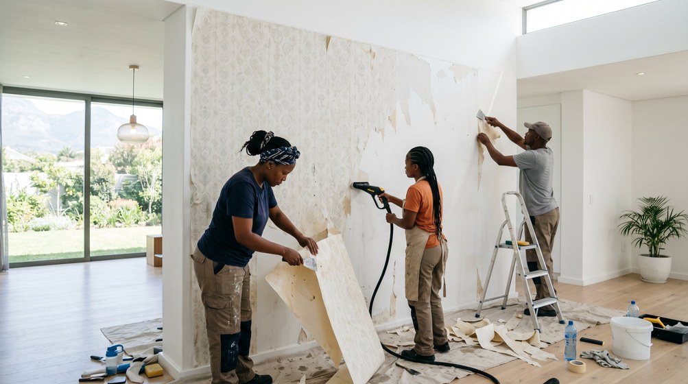 Professional wallpaper removal team stripping old wallpaper in a Wellington home