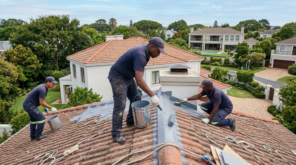 Professional waterproofing team applying membrane to roof in Wellington