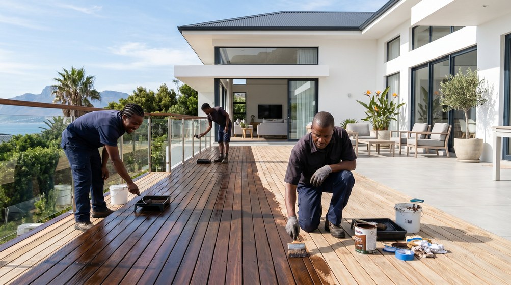 Professional wood staining team applying deck stain overlooking the ocean in Wellington